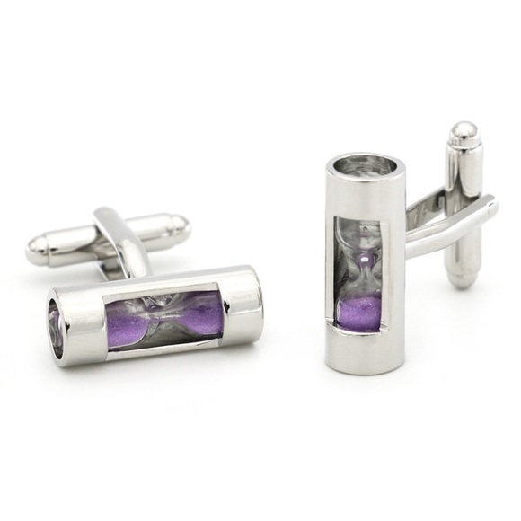 Unique Silver Cylinder Purple Sand Hourglass Cufflinks - Picture 4 of 17